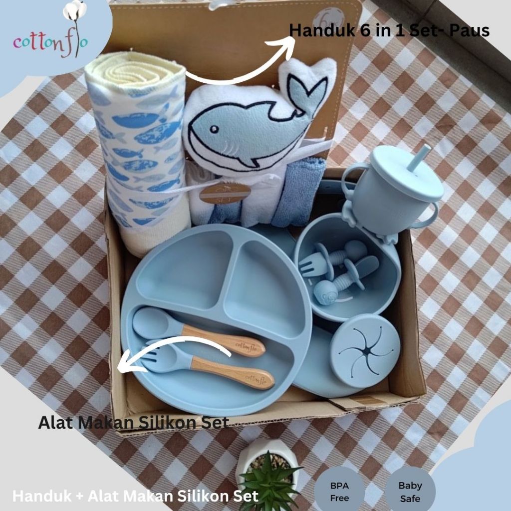 Gift Set Silicone Meal Set Handuk | Set Perlengkapan Makan Bayi & Handuk | Alat makan bayi | Handuk