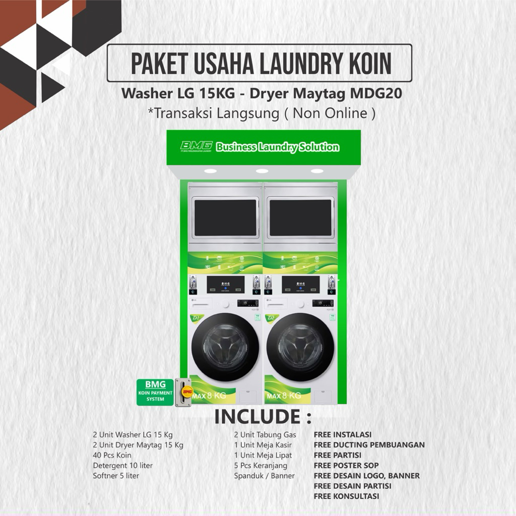 Paket Usaha Laundry Koin 2 Stack/Pasang LG 15 Kg Maytag Mdg20