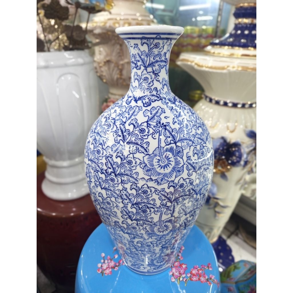 vas keramik antik biru putih/vas keramik super mewah/vas gepeng biru putih