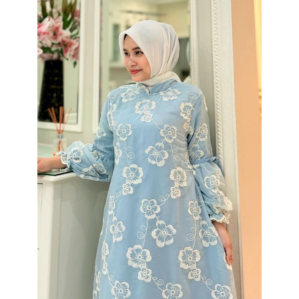 Gamis semi sutra mix organza milky//gamis bordir//hamis kondangan terbaru