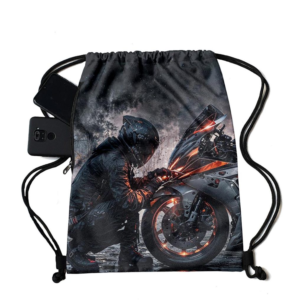 Tas Serut / Stringbag Pria Fullprint Kanvas Kain Tebal Tema Motor Untuk Sekolah