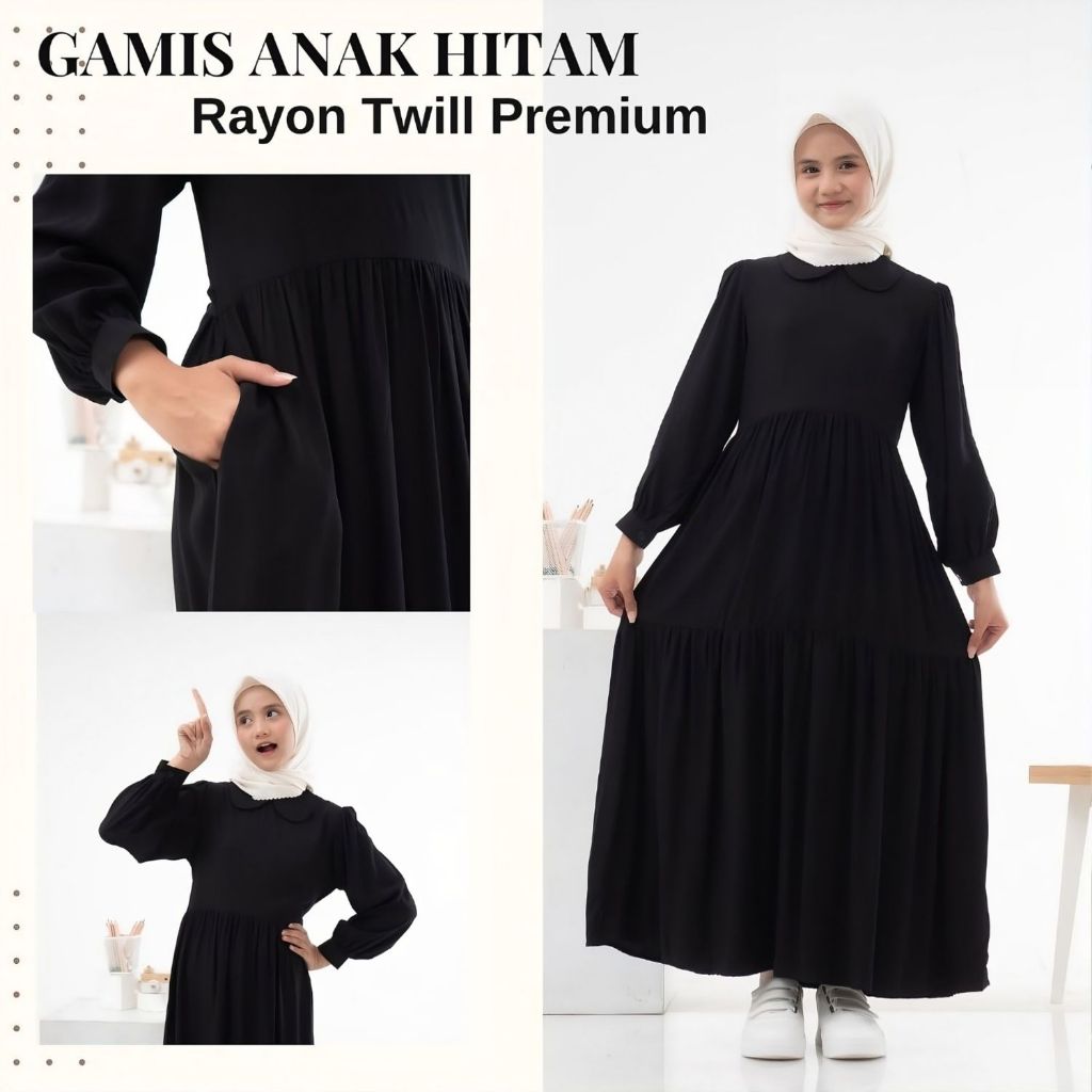 Tunaqa Gamis Hitam Polos Anak Perempuan Gamis Anak Hitam Rayon Twill Premium 8–14Tahun Adem Nyaman