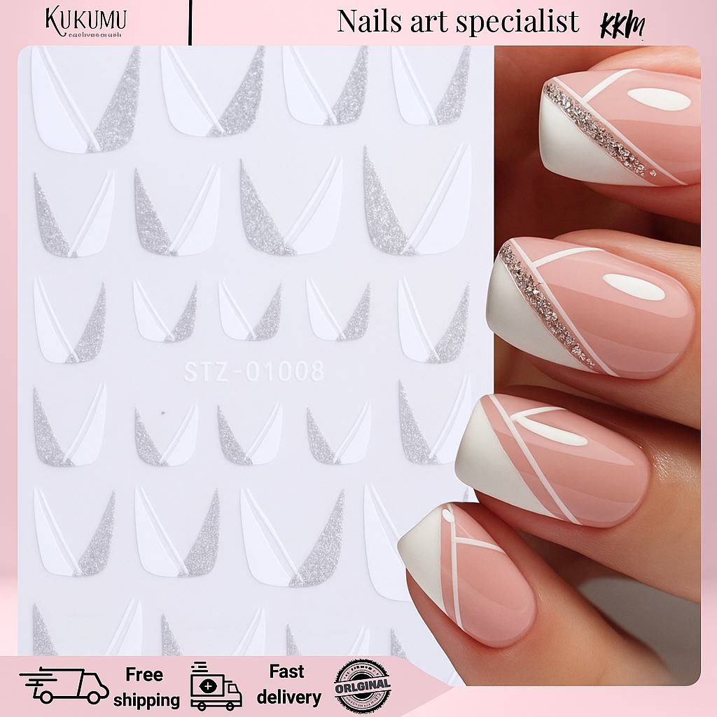 French Manicure Glitter Nail Sticker / Stiker kuku bentuk ujung putih glitter best seller