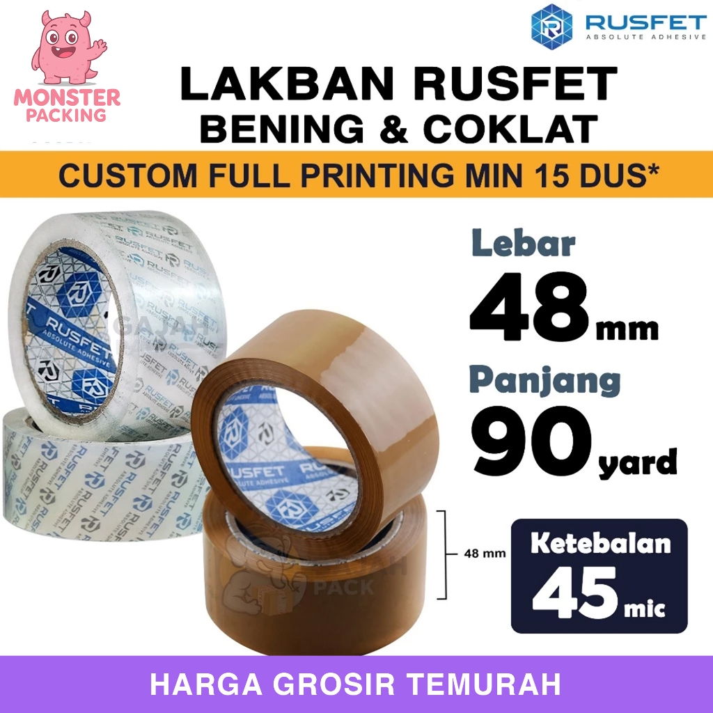 Lakban 48mm x 90yard RUSFET Bening Cokelat Isolasi OPP Tape PREMIUM TERMURAH / SATUAN
