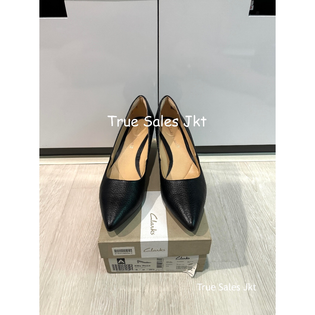 Sepatu Wanita Clarks Ellis Rose Black Leather Slip On Pump ukuran 39 1/2 preloved