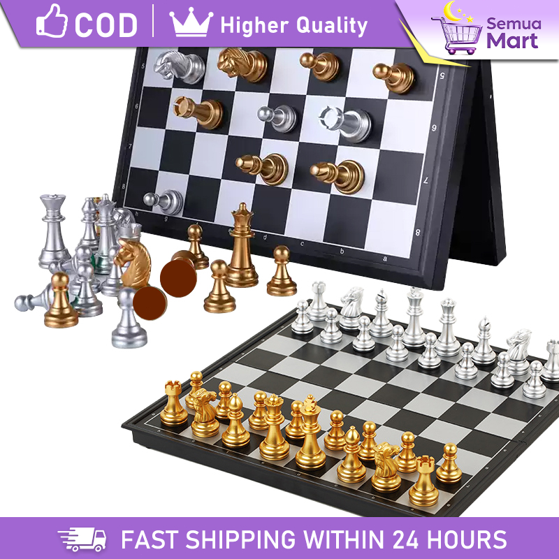 Papan Catur 25x25cm Magnet - Lipat, 32 Bidak Emas/Perak & Juga Puzzle Portable