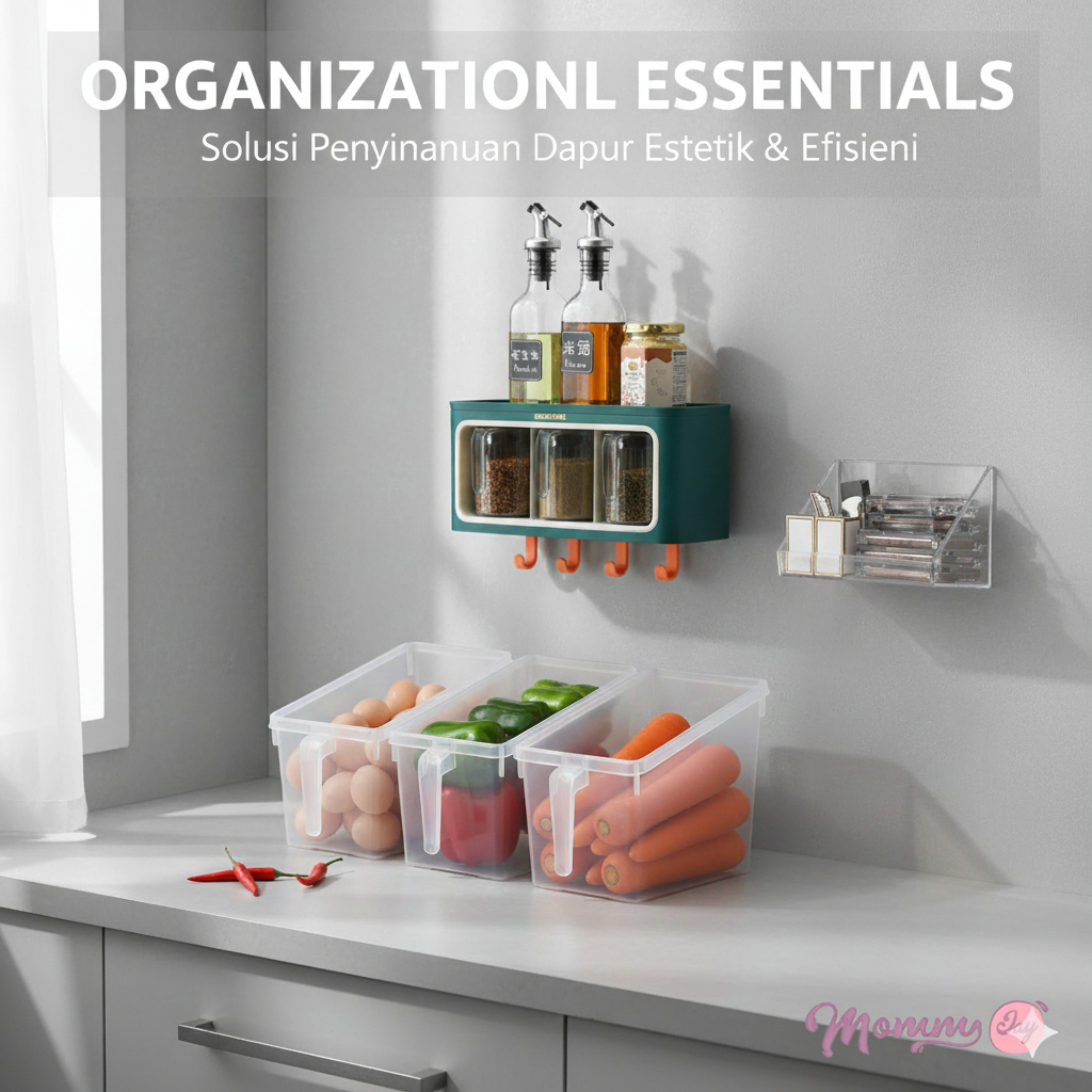 BEST SELLER | Set Organizer Dapur Premium 3 in1 | Rak Bumbu Dinding Aesthetic + Wadah Kulkas Clear |