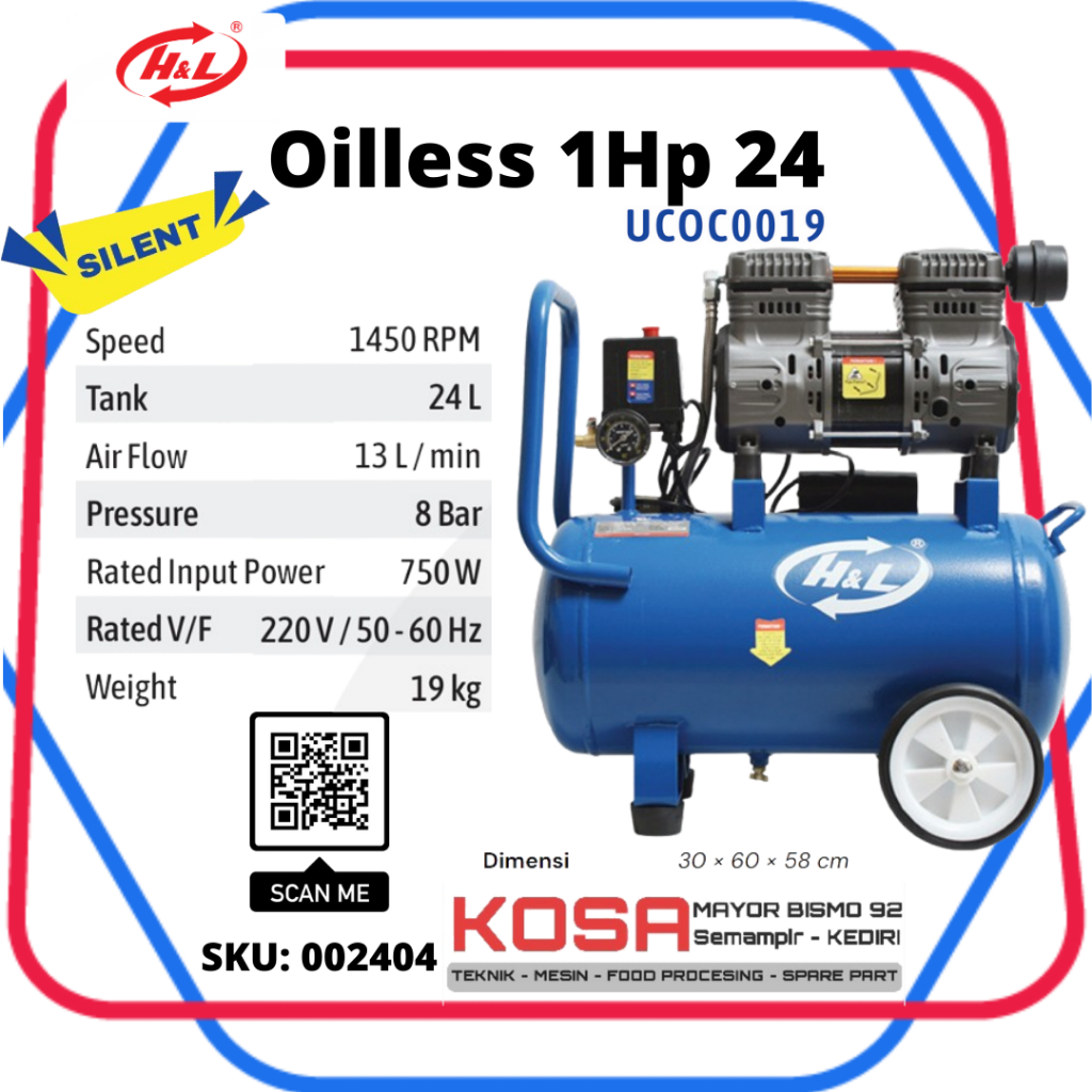 HL Kompresor Oilless 24L 1Hp H&L Compresor Oilless 1Hp 24L Mesin HL Kompresor Tanpa Oli 24L 1Hp