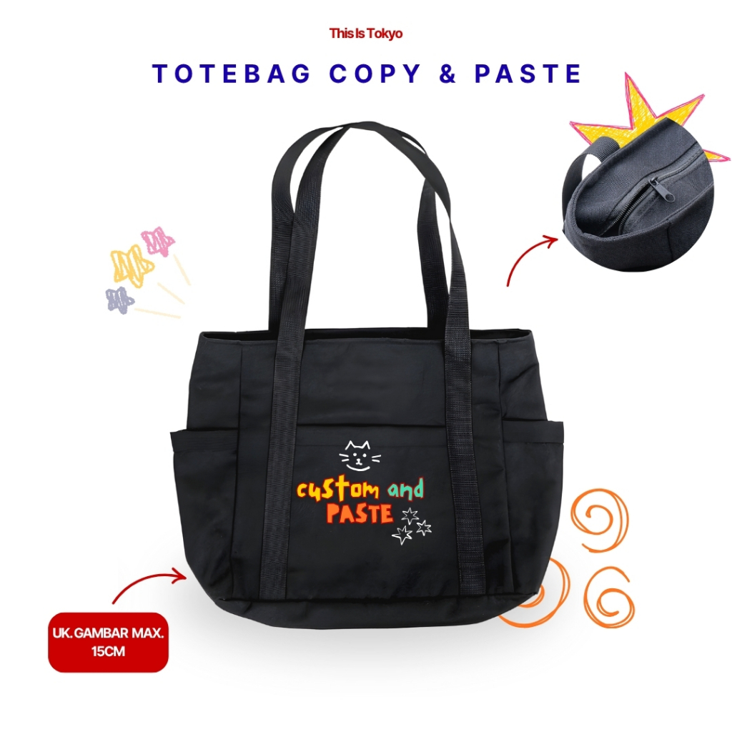 CUSTOM & PASTE - Tas Totebag Kanvas Custom Landscape Greige Resleting / Totebag Custom Satuan