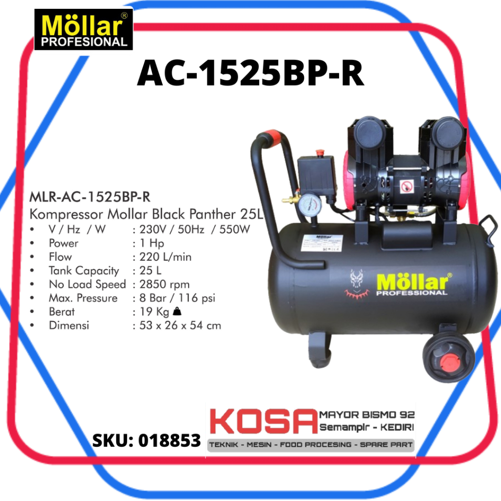 MOLLAR AC1525BP Kompresor Oilless 25L 1Hp Mollar Kompresor Silent Mollar 25L Kompresor tanpa Oli 1Hp