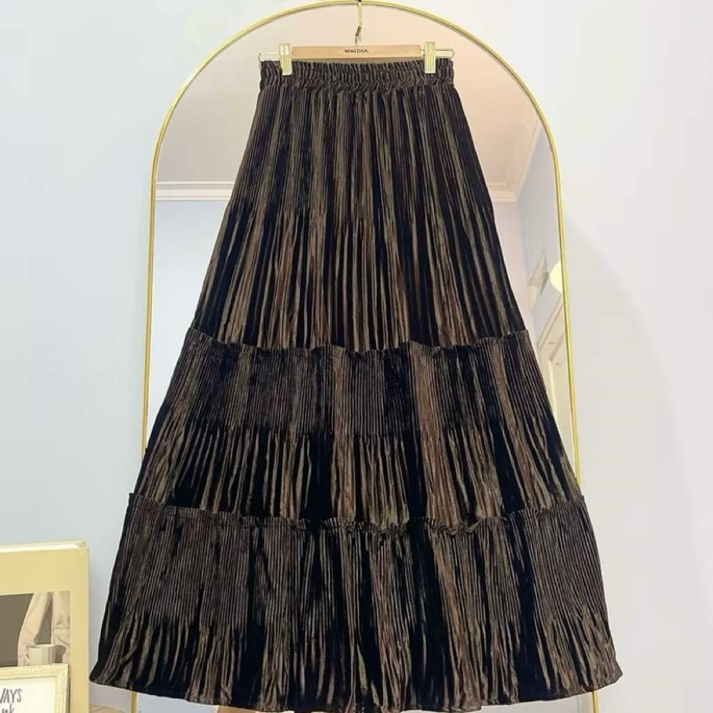 Rok Plisket Bludru Susun Premium - Rok Bludru Susun Wanita - Rok Bludru Ruffle Plisket Premium Impor
