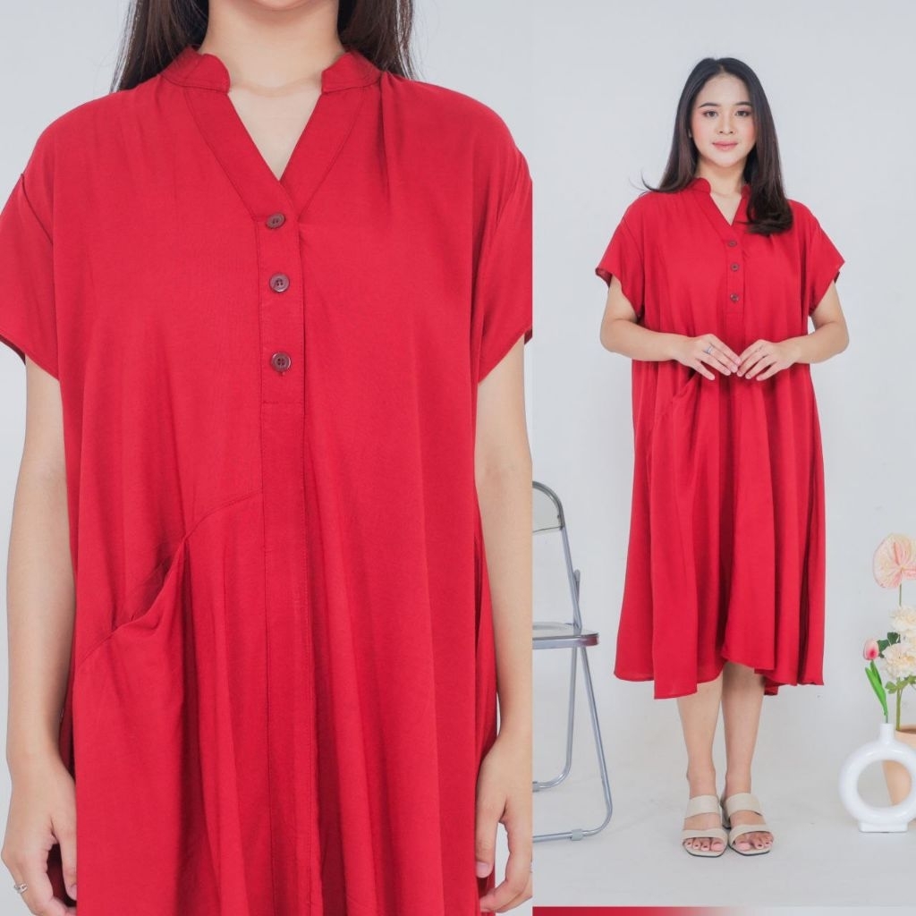 Daster Midi Dress wanita Kancing Saku depan Rayon Tebal lengan pendek