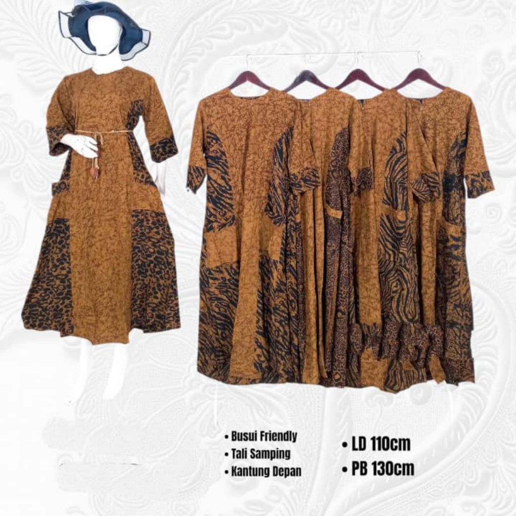 Gamis Batik Premium Busui Friendly – Model Long Dress Lengan ¾ dengan Tali Samping & Kantung Depan |