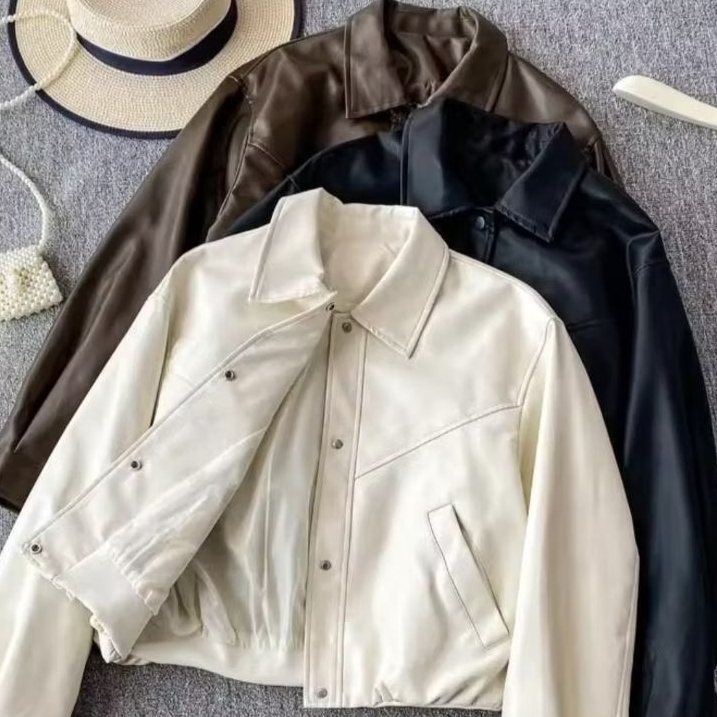 Jaket Kulit Crop Wanita – Outer Kulit Sintetis Korean Style Warna Hitam Coklat Cream Kekinian