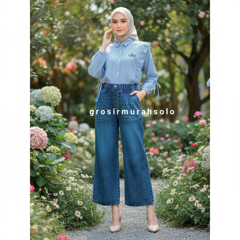 Setelan Wanita Dewasa Kalla Blouse salur + Celana Kulot Jeans Terbaru