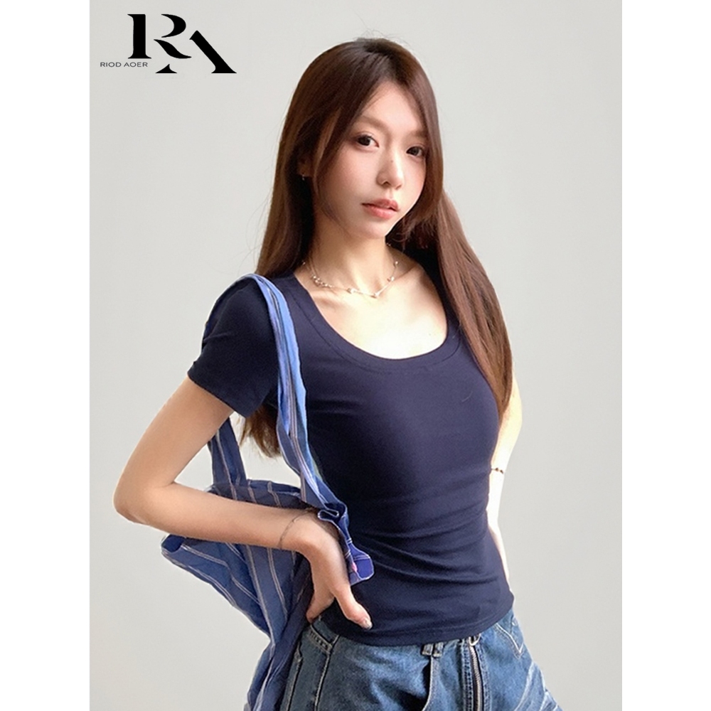 RIOD AOER Kaos lengan pendek seksi berwarna ungu dengan leher persegi dan pinggang pas untuk musim p