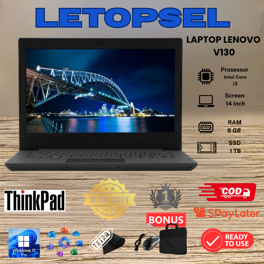 LAPTOP LENOVO V130 - INTEL CORE i3 - RAM 4GB - SSD 512GB / BONUS TAS LAPTOP & MOUSE
