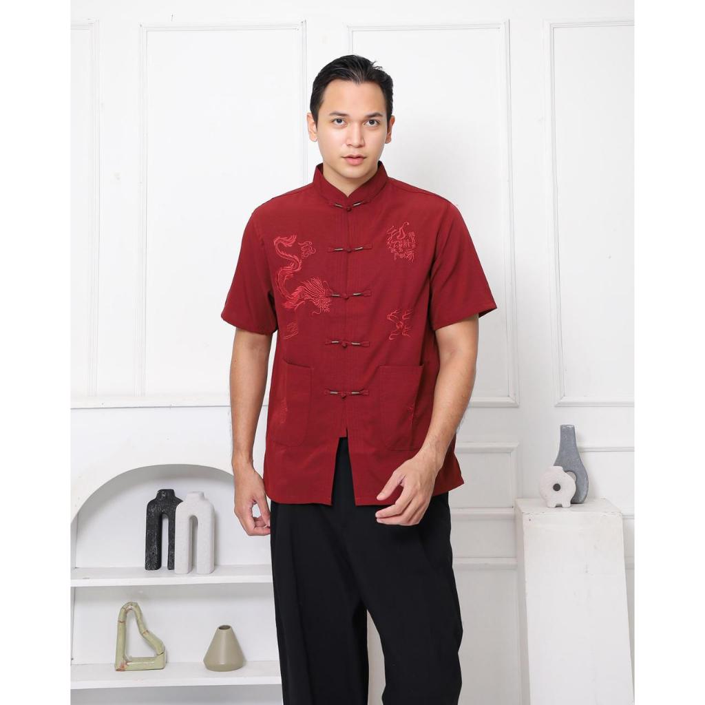 Chinese New Year Sale Baju Cheongsam Pria Baju Tradisional Kemeja Formal Baju Imlek Pria Bordir Naga