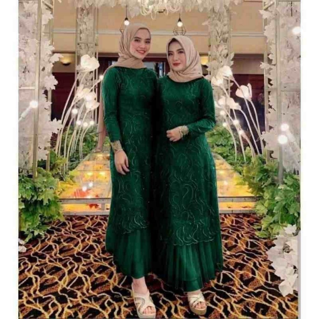Geralda - Gamis brukat tile mutiara S M L XL 2XL 3XL jumbo muslim wanita warna hijau ijo botol kunin