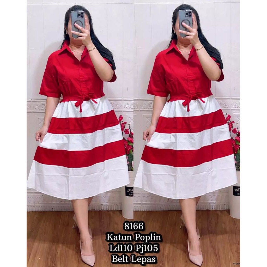 LF 8166 MINI DRESS MERAH PUTIH BAHAN KATUN POPLIN