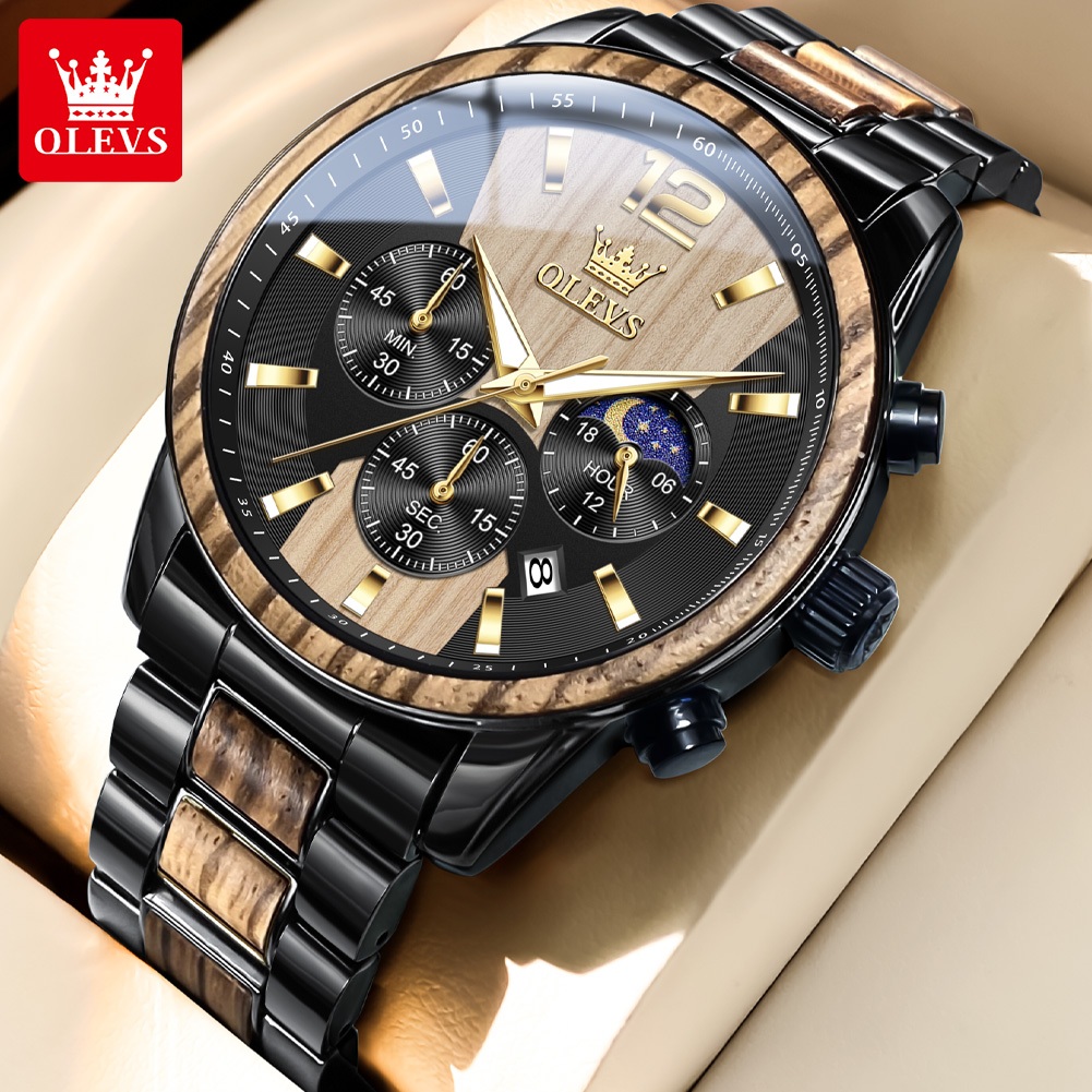 OLVES Jam Tangan Pria Anti Air Original Stainless Steel Unik Terbaru 2025 Fashion Tahan lembab kayu 