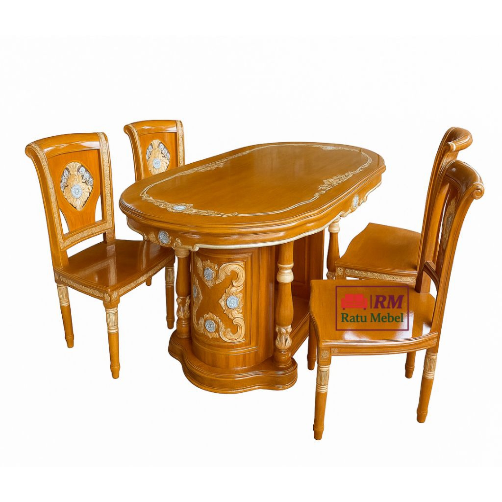 Set Meja Makan Klasik Ukir Kayu Jati + Kaca Tebal 8 Mm Elegan – 4 Kursi dan 1 Meja Oval Mewah