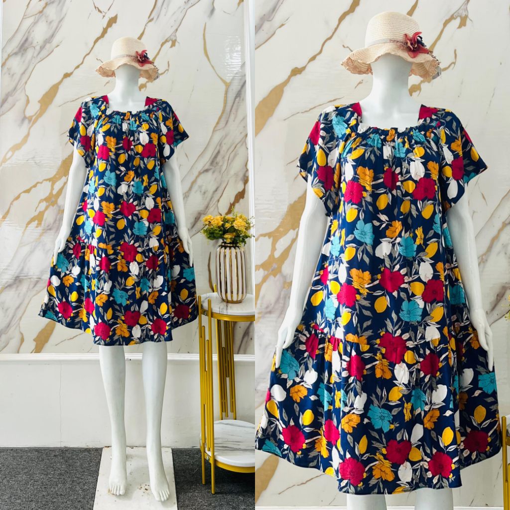 Daster Wilona/ daster pendek motif/ daster rayon ruffle karet kerut dada/ daster pendek jumbo/ daste