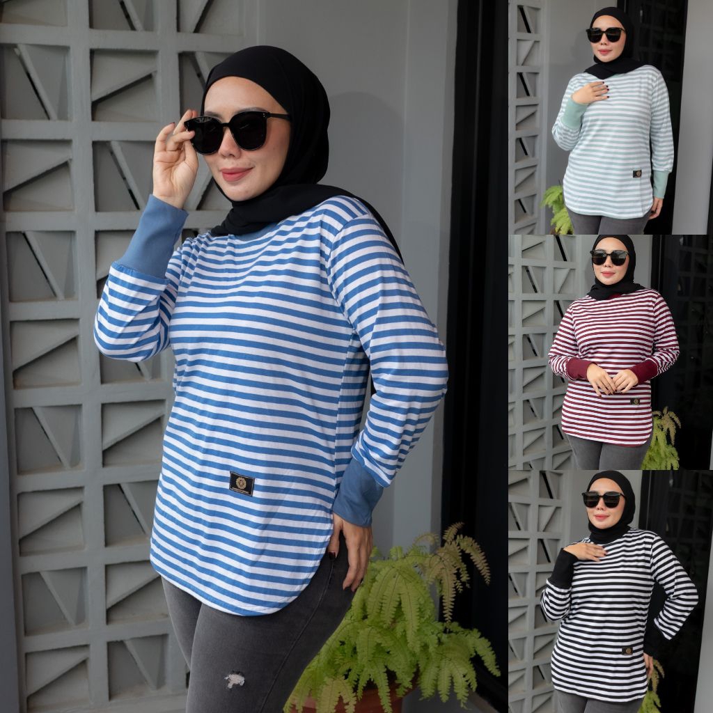 Ayessa Shop Kaos Garis Garis Wanita Salur Jumbo / Atasan Wanita Stripe Rib Lengan Panjang