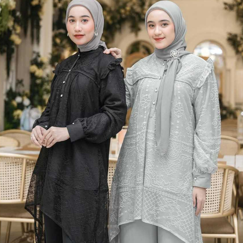 SETELAN ALESHA JUMBO OUTFIT KONDANGAN MEWAH // ONE SET PESTA ATASAN TUNIK KANCING KOMBINASI BRUKAT