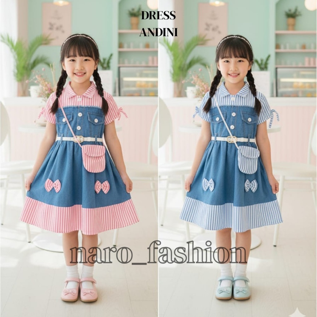 Andini Dress Jeans Anak Perempuan Motif Pita Salur Terbaru Lengan Pendek Usia 3-10 Tahun Free Tas+Fr