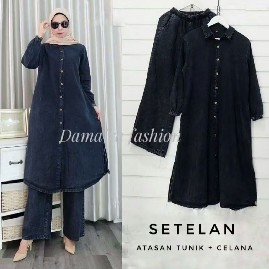 Jammie one set long jeans wanita setelan celana tunik panjan