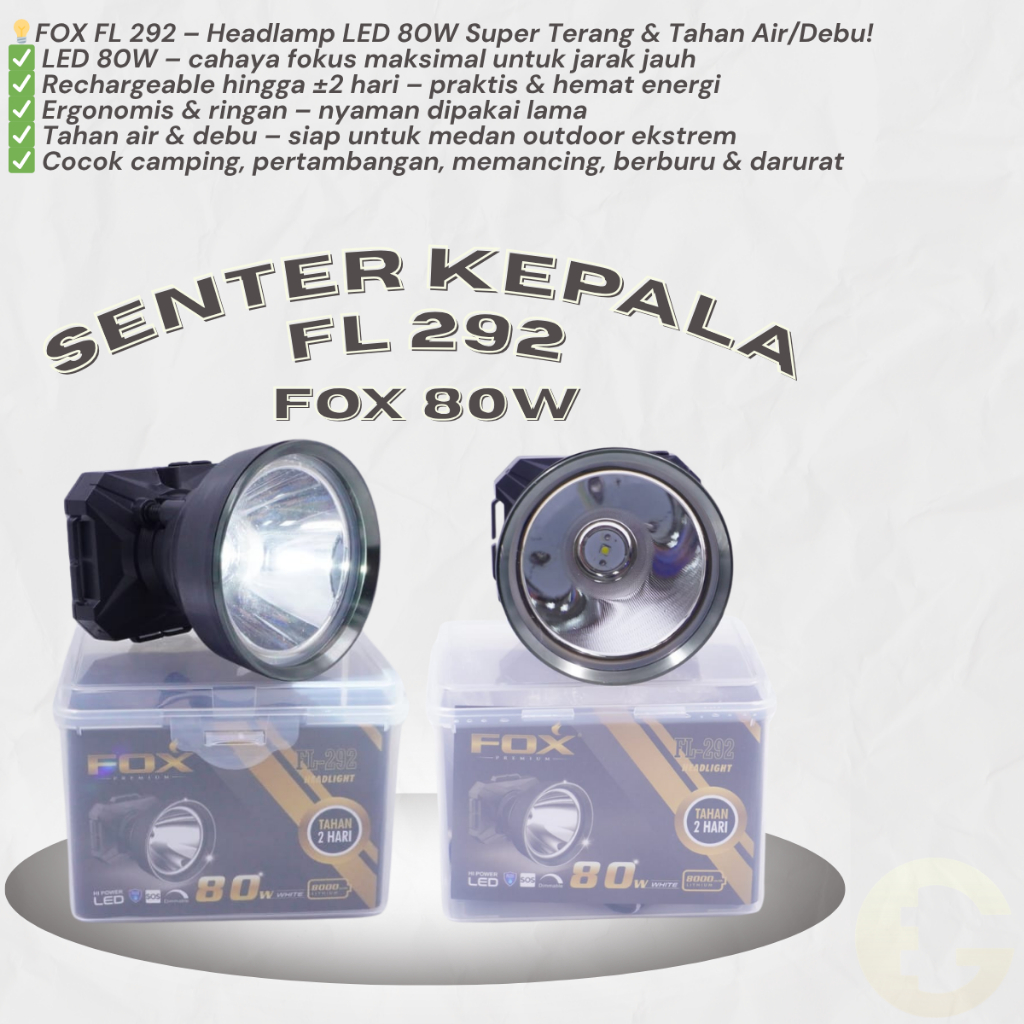 Senter Kepala LED FOX FL 292 – Headlamp Cas Rechargeable 80W Super Terang, untuk Outdoor & Darurat