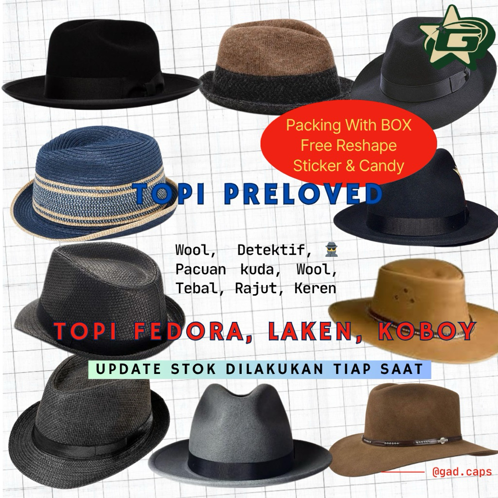 TOPI FEDORA, TOPI LAKEN, TOPI KOBOI PRELOVED INDONESIA BUKAN IMPOR