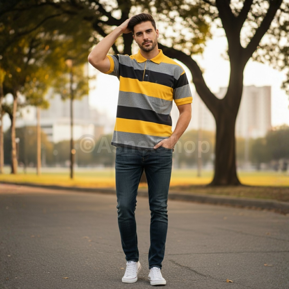 Kaos Polo Motif Garis Afada Saku / Kantong Depan Pria Dewasa Terbaru 2026 | Baju Kerah Salur Lengan 