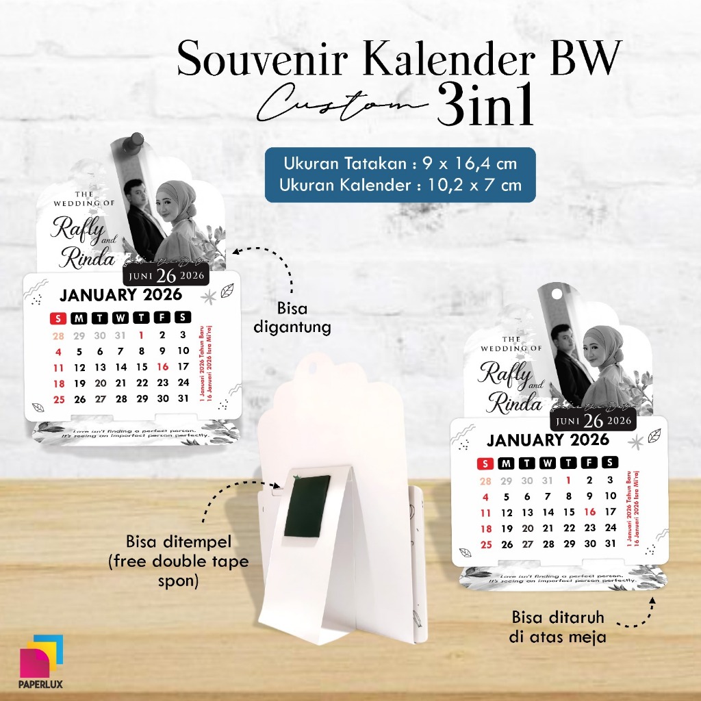 SOUVENIR PERNIKAHAN KALENDER 2026 CUSTOM - SOUVENIR KALENDER MEJA MINI HITAM PUTIH UNIK