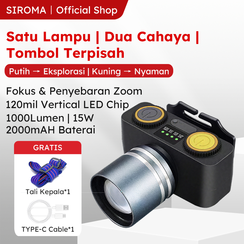SIROMA Senter Kepala Putih & Kuning 1500Lumen 15Watt Fokus & Penyebaran Zoom 2000mAH Baterai Lampu S