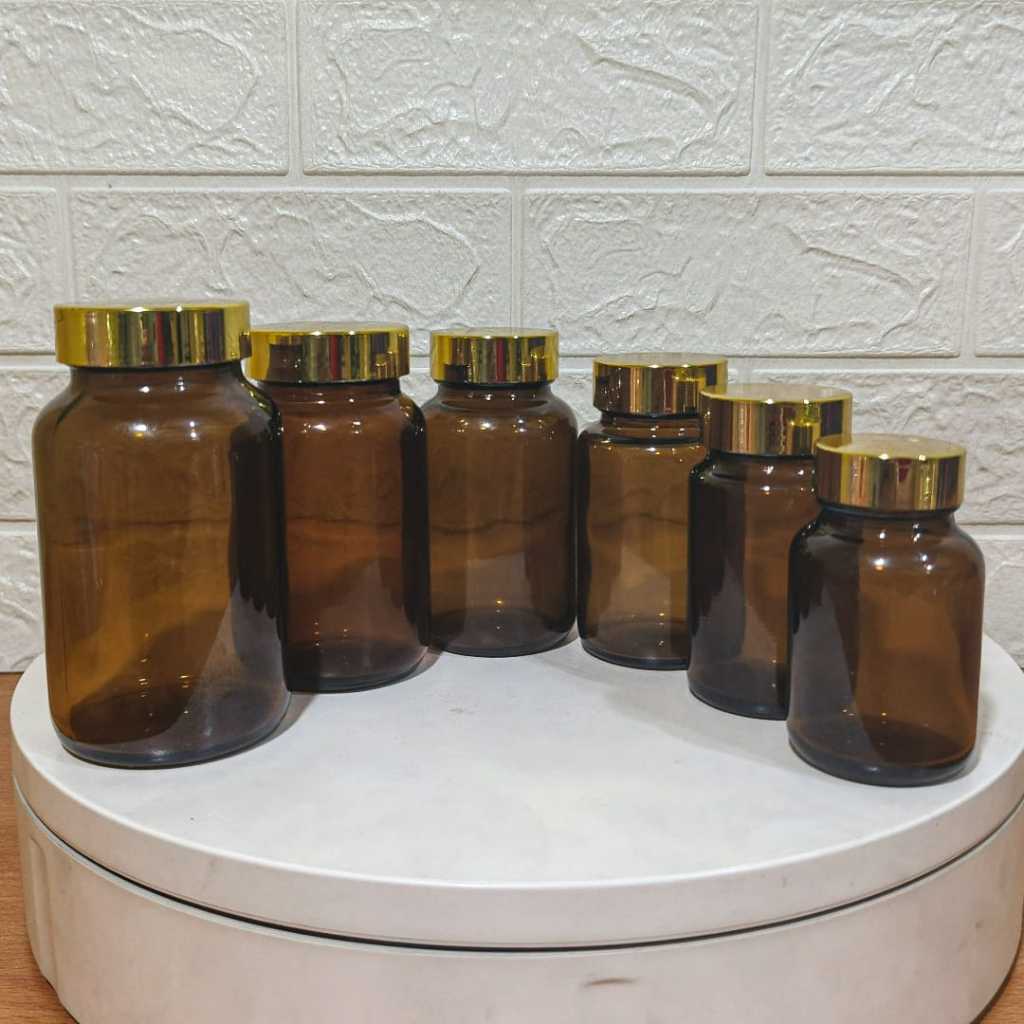 BKKA Botol kaca kapsul amber/botol kapsul/botol obat/botol kaca amber tutup gold