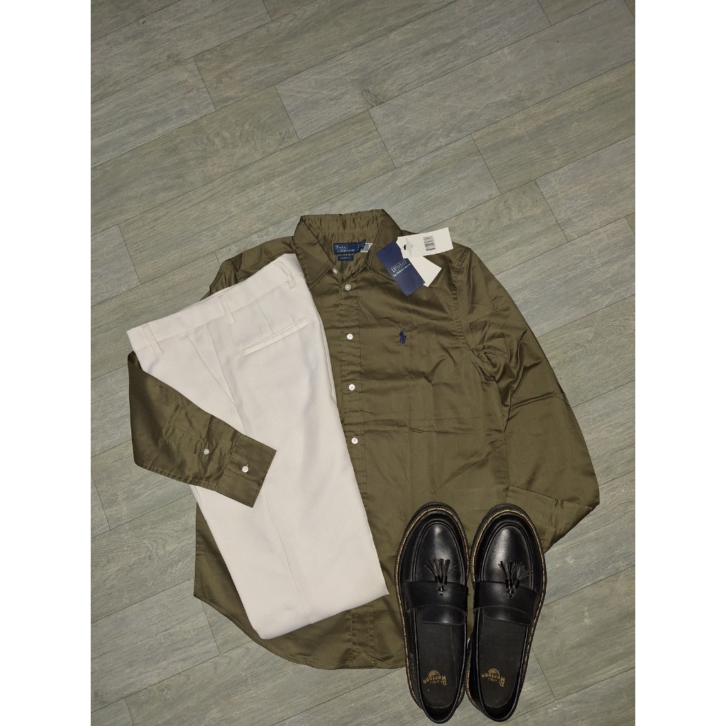 New Kemeja Hijau Army Polo Ralph Lauren Pria Wanita Cotton Original