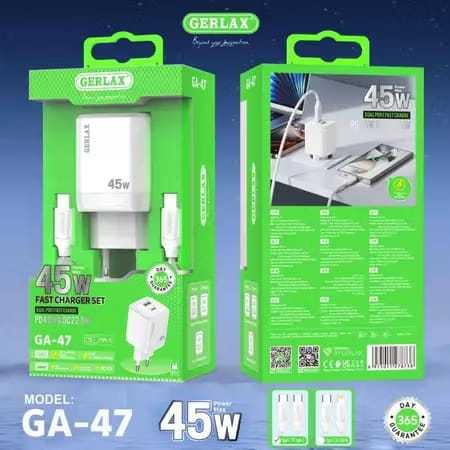 Charger GERLAX GA-47 2IN1 USB-A + USB-C 22.5W FREE CABLE USB-C TO TYPE C 45W FAST CHARGING
