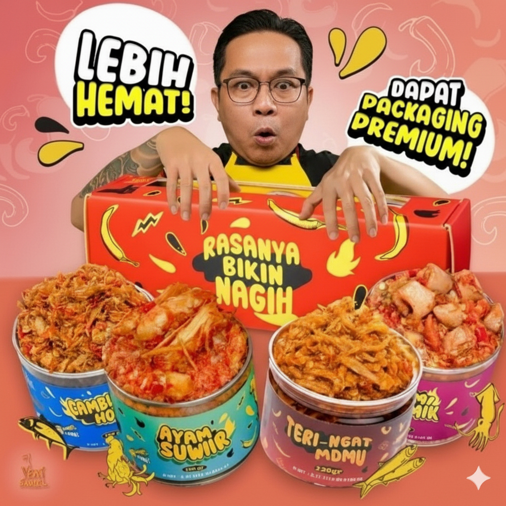 Sambel Paket Hemat Isi 5 Kaleng - Cumi Pedas / Baby Cumi/ Cakalang Hot / Teri / Ayam Suwir 150 gr
