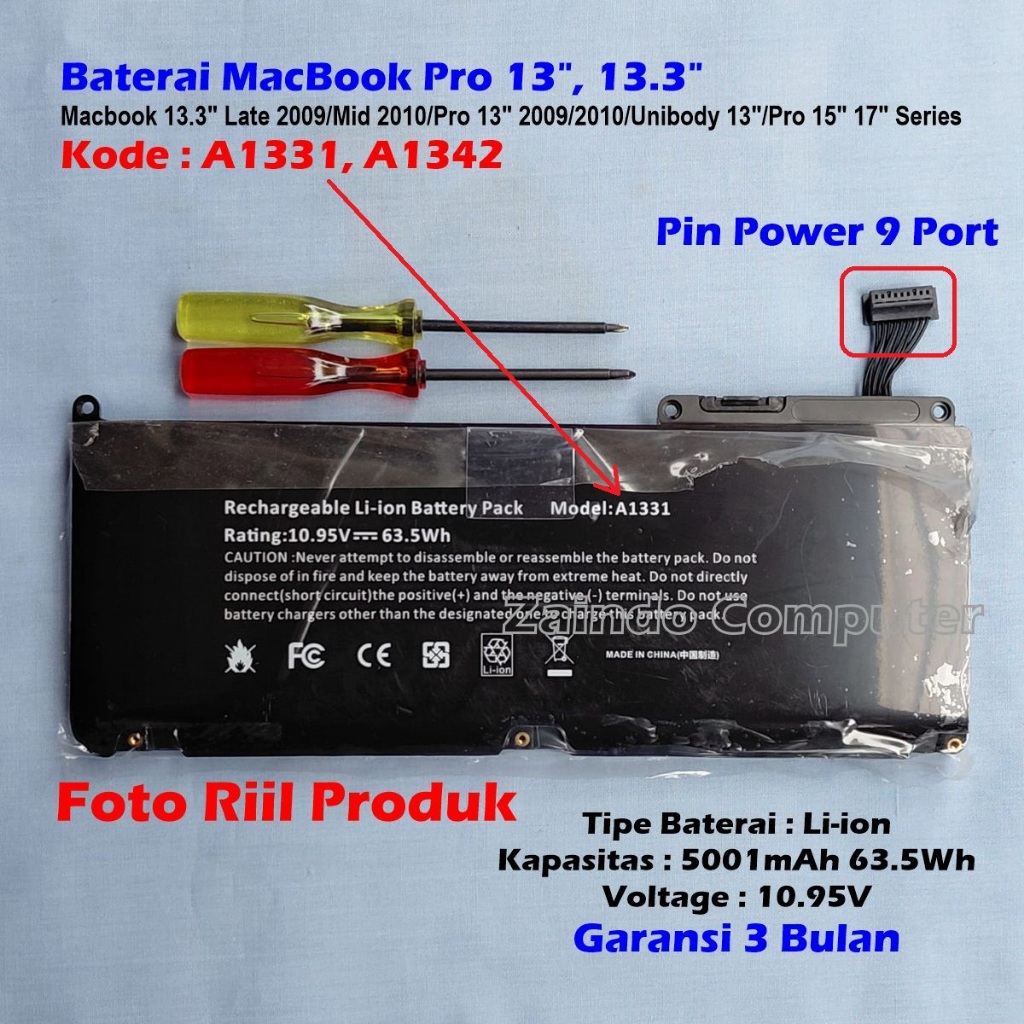 BATERAI LAPTOP MACBOOK A1331 A1342 MACBOOK 13.3 LATE 2009 - MACBOOK 13.3 MID 2010 - MACBOOK PRO 13" 