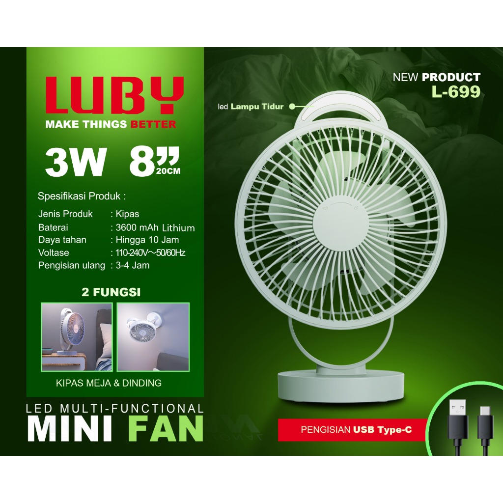 Kipas Angin Meja Cas LUBY L-699 8Inch 3 Kecepatan Mini Fan LED Multi-Functional AC/DC