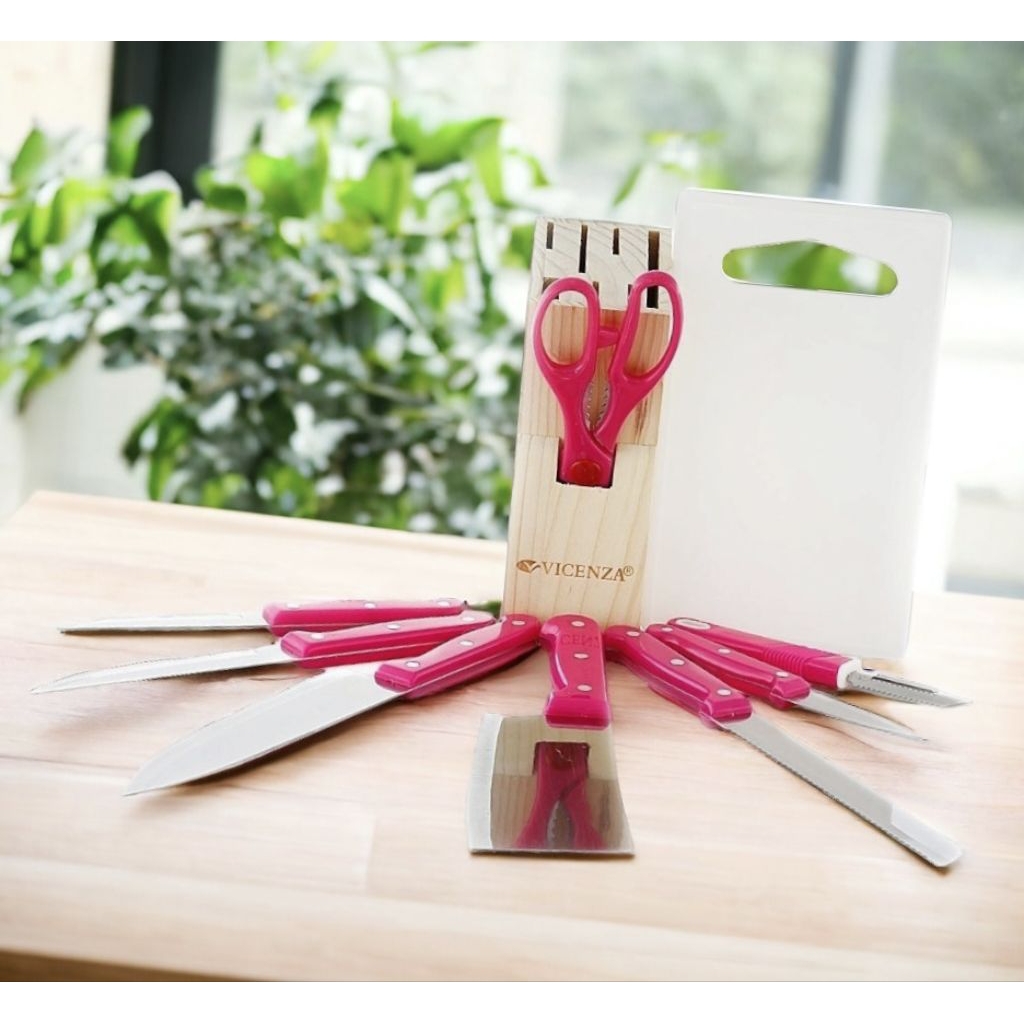 Pisau Set Vicenza V920K warna Pink, 6 jenis pisau anti karat dilengkapi rak pisau dapur Vicenza temp
