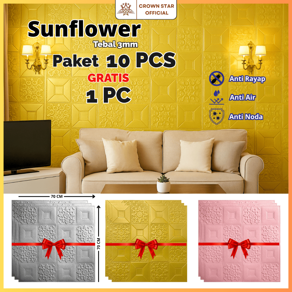PAKET 10 GRATIS 1 PC !! Wallfoam Batik Sunflower Warna 3D 70 x 70 cm Tebal 3mm Foam Wallpaper Waterp