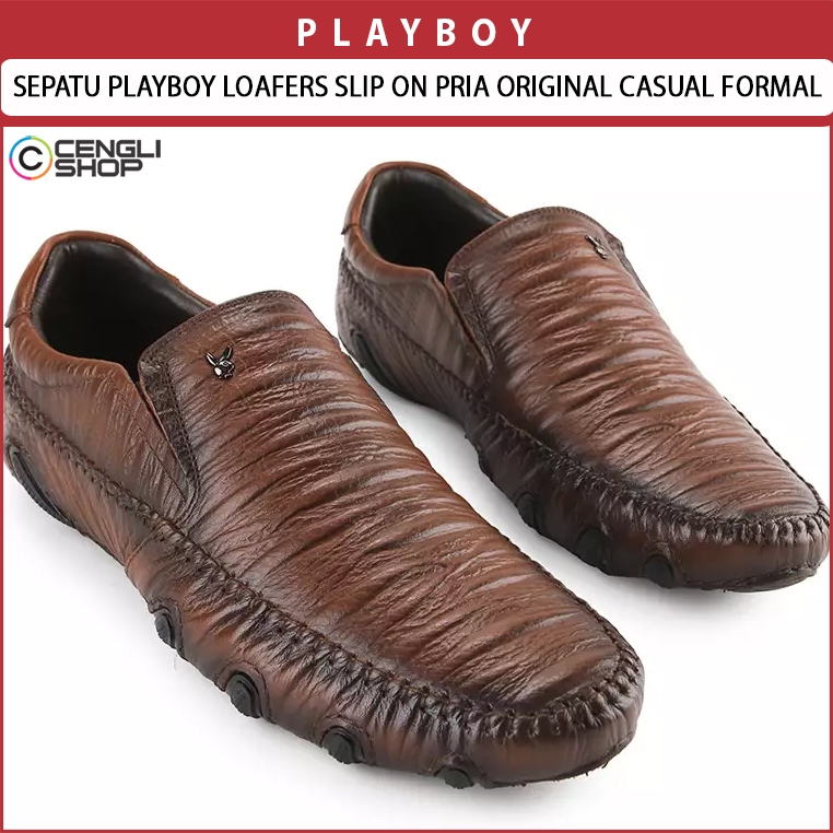 SEPATU PLAYBOY LOAFERS SLIP ON PRIA ORIGINAL CASUAL SEMI FORMAL TEKSTUR KULIT BERKERUT COKLAT BROWN 