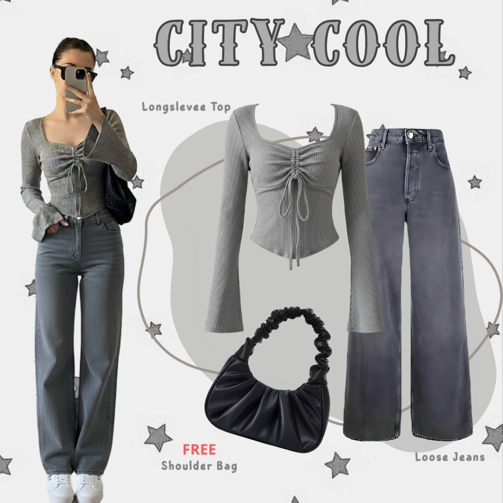 One Set Longsleeve Top + Kulot Jeans Kekinian | Setelan Wanita Korean Look Style