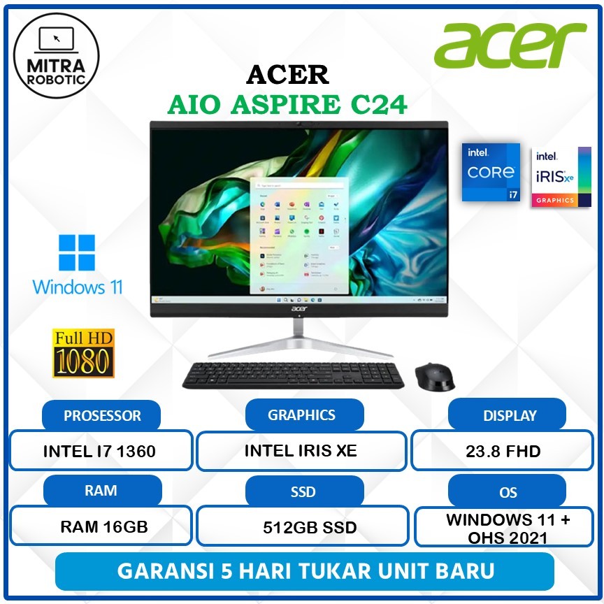 PC AIO Acer Aspire C24-1851 Intel I7 1360 16GB 512GB Intel Iris XE FHD Win 11 + Office 2021