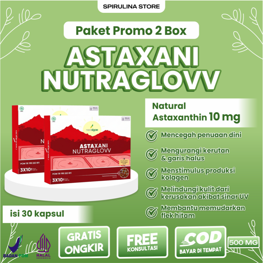PAKET 2 BOX - Astaxani Nutraglow Suplemen Astaxanthin 10mg Multivitamin Cegah Penuaan Dini ORI 100%