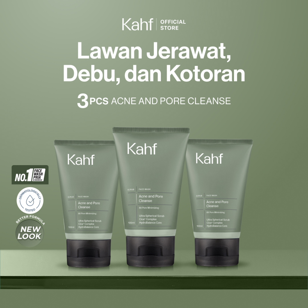Triple Pack Kahf Face Wash Acne and Pore Cleanse Scrub 100 ml - 3 pcs Sabun Cuci Muka Pria Scrub Mel