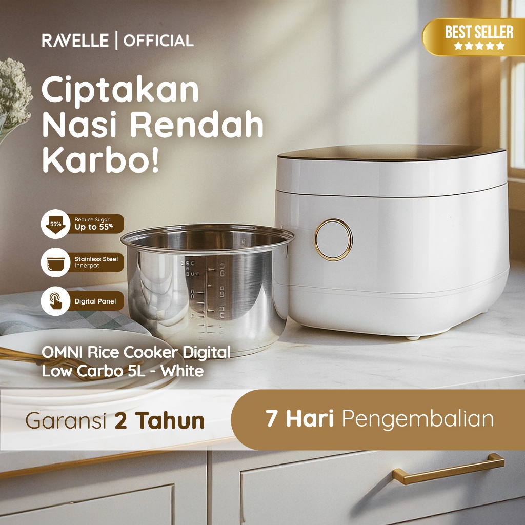 RAVELLE NOVE Rice Cooker Digital Low Carbo Less Sugar 1.8 Liter Nasi (5Liter) - Penanak Nasi - Low W